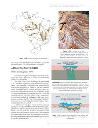 237
GEODIVERSIDADE: ADEQUABILIDADES E LIMITAÇÕES AO USO E OCUPAÇÃO
Antonio Theodorovicz e Ângela Maria de Godoy Theodorovicz
Figura 14.96 ––––– Área de definição do geossistema 5.
Figura 14.97 ––––– Exemplar de um filito
complexamente dobrado, um dos litótipos bastante
comum na área de definição do geossistema 5. São
produtos do metamorfismo de antigas camadas de
argila que se depositaram em um ambiente marinho.
Figura 14.98 ––––– Início de um processo distensivo que dá origem a
uma fossa tectônica, que pode evoluir para formar um mar ou um
oceano. Nessa fase embrionária de um ambiente marinho, ocorrem
intensas atividades tectônica e magmática. Com isso, juntamente
com os sedimentos que vão se depositando no fundo da fossa
tectônica, deposita-se muita lava vulcânica.
Figura 14.99 ––––– Exemplo do que acontece com as camadas que
se depositaram em um ambiente distensivo que mudou para
compressivo.
apresente particularidades importantes em termos de
adequabilidades e limitações ao uso e ocupação.
Adequabilidades e limitações
Frente à execução de obras
Nas decisões de planejamento que envolvem a exe-
cução de obras, destacam-se como particularidades
geotécnicas importantes:
• Na maior parte da área de definição do geossistema
5, as características geotécnicas variam e contrastam bas-
tante, tanto na lateral como na vertical, especialmente
nas regiões destacadas na Figura 14.100, em razão de
maior diversidade litológica e de as seqüências se encon-
trarem complexamente dobradas. Por conseqüência, são
terrenos onde as características geotécnicas – tanto do
substrato rochoso, como dos solos e relevo – podem vari-
ar e contrastar bastante de região para região e, por vezes,
de local para local. Significa que, na maior parte do geos-
sistema, ensaios geotécnicos pontuais têm pouca repre-
sentatividade lateral e vertical.
• Predominam litologias, principalmente nas áreas
destacadas na figura 14.100, bastante tectonizadas, com-
plexamente dobradas e portadoras de alta densidade de
falhas, fraturas, diáclases e outras descontinuidades
geomecânicas e hidráulicas que facilitam a percolação de
fluidos e as desestabilizações em taludes de corte. Aspec-
to importante de ser considerado na execução de obras
subterrâneas (Figura 14.101).
 