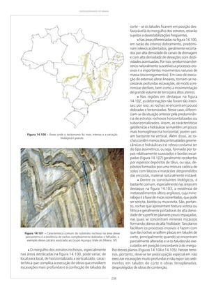 238
GEODIVERSIDADE DO BRASIL
Figura 14.100 ––––– Áreas onde o tectonismo foi mais intenso e a variação
litológica é grande.
corte – se os taludes ficarem em posição des-
favorável à do mergulho dos estratos, estarão
sujeitos a desestabilizações freqüentes.
• Nasáreasdiferenciadasnafigura14.100,
em razão do intenso dobramento, predomi-
nam relevos acidentados, geralmente recorta-
dos por alta densidade de canais de drenagem
e com alta densidade de elevações com decli-
vidades acentuadas. Por isso, predominam ter-
renos naturalmente suscetíveis a processos ero-
sivos e a importantes movimentos naturais de
massa (escorregamentos). Em caso de execu-
ção de extensas obras lineares, tornam-se ne-
cessárias profundas escavações, de modo a mi-
nimizar declives, bem como a movimentação
de grande volume de terra para altos aterros.
• Nas regiões em destaque na figura
14.102, as deformações não foram tão inten-
sas; por isso, as rochas se encontram pouco
dobradas e tectonizadas. Nesse caso, diferen-
ciam-se da situação anterior pela predominân-
cia de estratos rochosos horizontalizados ou
suborizontalizados. Assim, as características
geotécnicasehidráulicassemantêmumpouco
mais homogêneas na horizontal, porém vari-
am bastante na vertical. Além disso, as ro-
chas contêm menos descontinuidades geome-
cânicas e hidráulicas e o relevo costuma ser
do tipo assimétrico, ou seja, formado por to-
pos relativamente suavizados e bordas escar-
padas (Figura 14.107) geralmente recobertas
por espessos depósitos de tálus, ou seja, de-
pósitos formados por uma mistura caótica de
solos com blocos e matacões desprendidos
das encostas, material naturalmente instável.
• Dentre os constituintes litológicos, é
bastante comum, especialmente nas áreas em
destaque na figura 14.103, a existência de
metassedimentos síltico-argilosos, cuja mine-
ralogiaéàbasedemicasisorientadas,quepode
ser sericita, biotita ou muscovita. São, portan-
to, rochas que apresentam textura xistosa ou
filítica e geralmente portadoras de alta densi-
dade de superfícies planares pouco espaçadas,
nas quais se concentram minerais micáceos
formando planos de alta fissilidade. Tais planos
facilitam os processos erosivos e fazem com
que das rochas se soltem placas em taludes de
corte, principalmente quando se encontram
parcialmente alteradas e se os taludes são exe-
cutados em posição concordante à do mergu-
lho desses planos (Figuras 14.104 e 14.105). Nesses terre-
nos, portanto, deve-se ter preocupação especial em não
executar escavações muito profundas e não expor tais sedi-
mentos em taludes de corte e obras terraplanadas,
desprotegidos de obras de contenção.
Figura 14.101 ––––– Característica comum do substrato rochoso na área desse
geossistema é a existência de rochas complexamente dobradas e falhadas, a
exemplo desse calcário associado ao Grupo Açungui (Vale do Ribeira, SP).
• O mergulho dos estratos rochosos, especialmente
nas áreas destacadas na figura 14.100, pode variar, de
local para local, de horizontalizado a verticalizado, carac-
terística que complica a execução de obras que envolvem
escavações mais profundas e a confecção de taludes de
 