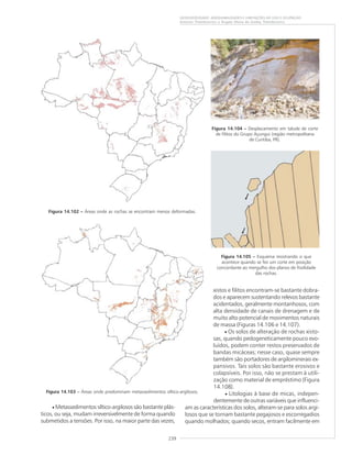 239
GEODIVERSIDADE: ADEQUABILIDADES E LIMITAÇÕES AO USO E OCUPAÇÃO
Antonio Theodorovicz e Ângela Maria de Godoy Theodorovicz
Figura 14.102 ––––– Áreas onde as rochas se encontram menos deformadas.
Figura 14.103 ––––– Áreas onde predominam metassedimentos síltico-argilosos.
xistos e filitos encontram-se bastante dobra-
dos e aparecem sustentando relevos bastante
acidentados, geralmente montanhosos, com
alta densidade de canais de drenagem e de
muito alto potencial de movimentos naturais
de massa (Figuras 14.106 e 14.107).
• Os solos de alteração de rochas xisto-
sas, quando pedogeneticamente pouco evo-
luídos, podem conter restos preservados de
bandas micáceas; nesse caso, quase sempre
também são portadores de argilominerais ex-
pansivos. Tais solos são bastante erosivos e
colapsíveis. Por isso, não se prestam à utili-
zação como material de empréstimo (Figura
14.108).
• Litologias à base de micas, indepen-
dentemente de outras variáveis que influenci-
am as características dos solos, alteram-se para solos argi-
losos que se tornam bastante pegajosos e escorregadios
quando molhados; quando secos, entram facilmente em
• Metassedimentos síltico-argilosos são bastante plás-
ticos, ou seja, mudam irreversivelmente de forma quando
submetidos a tensões. Por isso, na maior parte das vezes,
Figura 14.105 ––––– Esquema mostrando o que
acontece quando se fez um corte em posição
concordante ao mergulho dos planos de fissilidade
das rochas.
Figura 14.104 ––––– Desplacamento em talude de corte
de filitos do Grupo Açungui (região metropolitana
de Curitiba, PR).
 