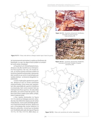241
GEODIVERSIDADE: ADEQUABILIDADES E LIMITAÇÕES AO USO E OCUPAÇÃO
Antonio Theodorovicz e Ângela Maria de Godoy Theodorovicz
Figura 14.111 ––––– Áreas onde dentre os litótipos existem tipos à base de quartzo.
Figura 14.112 ––––– Quartzitos densamente fendilhados,
associados ao Grupo Açungui
(Vale do Ribeira, PR).
ral, excessivamente permeáveis e sujeitos ao fenômeno da
liquefação, ou seja, em alguns locais podem se compor-
tar como areias movediças.
• O quartzo é um mineral bastante duro,
abrasivo e de alta resistência ao intemperis-
mo físico-químico. Por isso, em muitos lo-
cais, as rochas quartzo-arenosas podem se
encontrar bastante endurecidas e apresentar
alta resistência ao corte e à penetração por
sondas rotativas – as brocas se desgastam ra-
pidamente.
• Como implicações geotécnicas positi-
vas, destaca-se que as rochas quartzosas
metamorfizadas, como nesse caso, apresen-
tam alta capacidade de suporte e resistência
à compressão, bem como resistem bem ao
intemperismo físico-químico. Os solos delas
derivados, por serem à base de quartzo, são
bons para serem usados como saibro, antipó,
areia e material inerte.
• Nas regiões destacadas na figura
14.114, dentre as litologias ocorrem cama-
das das mais diferentes espessuras de rochas
metacalcárias. Como particularidade geotéc-
nica importante desses terrenos, destaca-se
que a mineralogia das rochas calcárias é à
base de carbonato, mineral que se dissolve
com facilidade pela ação das águas (Figuras
14.115, 14.116 e 14.117). Além disso, ro-
Figura 14.113 ––––– Quartzitos densamente fendilhados,
associados à Formação Tombador (Chapada
Diamantina, BA).
Figura 14.114 ––––– Áreas com ocorrências de rochas metacalcárias.
 