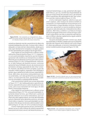 244
GEODIVERSIDADE DO BRASIL
Figura 14.123 ––––– Solo residual de um metassedimento síltico-
argiloso do Grupo Açungui (Vale do Ribeira, PR). A cor amarelada é
um indicativo de que contém altos teores de alumínio.
variável que depende mais das características do relevo e da
evolução pedogenética dos solos. As áreas onde o relevo é
adequado e os solos são bem desenvolvidos, desde que os
solos sejam devidamente manejados e corrigidos, podem
ser bem aproveitadas para qualquer tipo de agricultura.
• Nas regiões em que predominam e afloram metas-
sedimentos à base de quartzo (Figura 14.111), destacam-
se como particularidades importantes que tais litologias
apresentam alta resistência ao intemperismo e se alteram
liberando poucos elementos químicos para solos quartzo-
arenosos (Figura 14.124). Conseqüentemente, nessas áre-
as, os solos residuais são bastante erosivos, costumam
apresentar baixa fertilidade natural, são excessivamente
permeáveis e de baixa capacidade de reter e fixar nutrien-
tes. Portanto, são difíceis de serem corrigidos, quase não
assimilam matéria orgânica, respondem mal à adubação e
perdem água rapidamente (solos de baixa capacidade hí-
drica). Além disso, são terrenos onde predominam rele-
vos acidentados, com solos geralmente pouco desenvol-
vidos e, na maior parte das vezes, apresentando proble-
mas de rochosidade ou pedregosidade elevadas.
• Tais características indicam que as áreas destacadas
na Figura 14.111 são inadequadas para a agricultura ex-
tensiva, especialmente para o cultivo de plantas de raízes
curtas, para as que necessitam de muita água, de solos
férteis e mecanização freqüente.
• Nas regiões em que predominam e afloram rochas
metacalcárias (Figura 14.114), como particularidades im-
portantes desses terrenos, que influenciam o potencial
agrícola, destacam-se as rochas metacalcárias, que se al-
teram para solos argilosos básicos, de muito alta reatividade
química, liberando vários elementos químicos, principal-
mente cálcio e magnésio. Outra particularidade a ser des-
tacada é o fato de que nos terrenos calcários podem existir
dolinas (Figuras 14.126 e 14.127) e sumidouros de água.
• Como implicações positivas de tais características,
destaca-se que os solos residuais de calcários apresentam
baixo potencial erosivo natural; são bastante porosos; ar-
Figura 14.125 ––––– Solo residual de metacalcário com o horizonte
superior rico em matéria orgânica (região de Itaiacoca, PR).
mazenam bastante água, ou seja, apresentam alta capaci-
dade hídrica e, por isso, mantêm boa disponibilidade de
água por longo tempo dos períodos secos; são bastante
férteis e apresentam alta capacidade de reter, fixar nutrien-
tes e assimilar matéria orgânica (Figura 14.125).
• Como implicações negativas, salienta-se que, por
serem argilosos, solos residuais de calcários também se
compactam e se impermeabilizam excessivamente se fo-
rem submetidos a cargas elevadas contínuas. Portanto,
nesse caso, apresentam os mesmos problemas destaca-
dos para os solos derivados dos metassedimentos síltico-
argilosos. Além disso, as dolinas e sumidouros de água
são locais de ligação direta entre os fluxos de água super-
ficial e subterrânea e por eles os poluentes agrícolas po-
dem se infiltrar e alcançar rapidamente as águas subterrâ-
neas sem sofrer depuração.
Tais particularidades permitem concluir que, desde
que observados os devidos cuidados para que os poluentes
agrícolas não cheguem até as dolinas e aos cursos d’água
e o relevo seja adequado, os terrenos metacalcários apre-
sentam excelente potencial agrícola (Figura 14.128).
Figura 14.124 ––––– Quartzito alterado para um solo excessivamente
arenoso, de péssimas características agrícolas (Tunas do Paraná, PR).
 