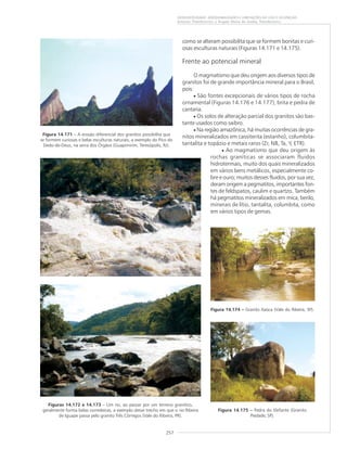 257
GEODIVERSIDADE: ADEQUABILIDADES E LIMITAÇÕES AO USO E OCUPAÇÃO
Antonio Theodorovicz e Ângela Maria de Godoy Theodorovicz
Figura 14.171 – A erosão diferencial dos granitos possibilita que
se formem curiosas e belas esculturas naturais, a exemplo do Pico do
Dedo-de-Deus, na serra dos Órgãos (Guapimirim, Teresópolis, RJ).
Figuras 14.172 e 14.173 – Um rio, ao passar por um terreno granítico,
geralmente forma belas corredeiras, a exemplo desse trecho em que o rio Ribeira
de Iguape passa pelo granito Três Córregos (Vale do Ribeira, PR).
Figura 14.174 ––––– Granito Itaóca (Vale do Ribeira, SP).
Figura 14.175 ––––– Pedra do Elefante (Granito
Piedade, SP).
como se alteram possibilita que se formem bonitas e curi-
osas esculturas naturais (Figuras 14.171 e 14.175).
Frente ao potencial mineral
O magmatismo que deu origem aos diversos tipos de
granitos foi de grande importância mineral para o Brasil,
pois:
• São fontes excepcionais de vários tipos de rocha
ornamental (Figuras 14.176 e 14.177), brita e pedra de
cantaria.
• Os solos de alteração parcial dos granitos são bas-
tante usados como saibro.
• Na região amazônica, há muitas ocorrências de gra-
nitos mineralizados em cassiterita (estanho), columbita-
tantalita e topázio e metais raros (Zr, NB, Ta, Y, ETR).
• Ao magmatismo que deu origem às
rochas graníticas se associaram fluidos
hidrotermais, muito dos quais mineralizados
em vários bens metálicos, especialmente co-
bre e ouro; muitos desses fluidos, por sua vez,
deram origem a pegmatitos, importantes fon-
tes de feldspatos, caulim e quartzo. Também
há pegmatitos mineralizados em mica, berilo,
minerais de lítio, tantalita, columbita, como
em vários tipos de gemas.
 