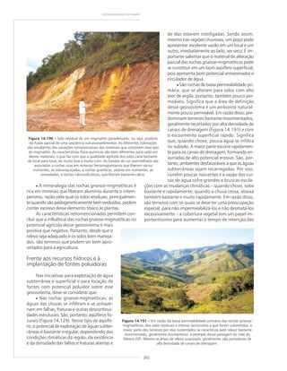 262
GEODIVERSIDADE DO BRASIL
• A mineralogia das rochas gnaisse-migmatíticas é
rica em minerais que liberam alumínio durante o intem-
perismo, razão pela qual os solos residuais, principalmen-
te quando são pedogeneticamente bem evoluídos, podem
conter excesso desse elemento tóxico às plantas.
As características retromencionadas permitem con-
cluir que a influência das rochas gnaisse-migmatíticas no
potencial agrícola desse geossistema é mais
positiva que negativa. Portanto, desde que o
relevo seja adequado e os solos bem maneja-
dos, são terrenos que podem ser bem apro-
veitados para a agricultura.
Frente aos recursos hídricos e à
implantação de fontes poluidoras
Nas iniciativas para explotação de água
subterrânea e superficial e para locação de
fontes com potencial poluidor sobre esse
geossistema, deve-se considerar que:
• Nas rochas gnaisse-migmatíticas, as
águas das chuvas se infiltram e se armaze-
nam em falhas, fraturas e outras descontinui-
dades estruturais. São, portanto, aqüíferos fis-
surais (Figura 14.129). Nesse tipo de aqüífe-
ro, o potencial de explotação de águas subter-
râneas é bastante irregular, dependendo das
condições climáticas da região, da existência
e da densidade das falhas e fraturas abertas e
Figura 14.190 ––––– Solo residual de um migmatito paraderivado, ou seja, produto
da fusão parcial de uma seqüência vulcanossedimentar. As diferentes colorações
são resultantes das variações composicionais dos materiais que compõem esse tipo
de migmatito. As características fisico-químicas são bem diferentes para cada um
desses materiais, o que faz com que a qualidade agrícola dos solos varie bastante
de local para local, de muito boa a muito ruim. As bandas de cor avermelhada são
associadas a rochas ricas em minerais ferromagnesianos que liberam vários
nutrientes; as esbranquiçadas, a rochas graníticas, pobres em nutrientes; as
amareladas, a rochas calciossilicáticas, que liberam bastante cálcio.
de elas estarem interligadas. Sendo assim,
mesmo nas regiões chuvosas, um poço pode
apresentar excelente vazão em um local e um
outro, imediatamente ao lado, ser seco. É im-
portante salientar que o material de alteração
parcial das rochas gnaisse-migmatíticas pode
se constituir em um bom aqüífero superficial,
pois apresenta bom potencial armazenador e
circulador de água.
• São rochas de baixa permeabilidade pri-
mária, que se alteram para solos com alto
teor de argila, portanto, também pouco per-
meáveis. Significa que a área de definição
desse geossistema é um ambiente natural-
mente pouco permeável. Em razão disso, pre-
dominam terrenos bastante movimentados,
geralmente recortados por alta densidade de
canais de drenagem (Figura 14.191) e com
o escoamento superficial rápido. Significa
que, quando chove, pouca água se infiltra
no subsolo. A maior parte escorre rapidamen-
te para os canais de drenagem, formando en-
xurradas de alto potencial erosivo. São, por-
tanto, ambientes desfavoráveis a que as águas
subterrâneas sejam recarregadas. Por isso,
contêm poucas nascentes e a vazão dos cur-
sos de água sofre grandes e bruscas oscila-
ções com as mudanças climáticas – quando chove, sobe
bastante e rapidamente; quando a chuva cessa, abaixa
também bastante e muito rapidamente. Em razão disso,
são terrenos com os quais se deve ter uma preocupação
especial, para não impermeabilizá-los e não desmatá-los
excessivamente – a cobertura vegetal tem um papel im-
portantíssimo para aumentar o tempo de retenção das
Figura 14.191 ––––– Em razão da baixa permeabilidade primária das rochas gnaisse-
migmatíticas, dos solos residuais e intenso tectonismo a que foram submetidas, a
maior parte dos terrenos por elas sustentados se caracteriza pelo relevo bastante
movimentado, geralmente montanhoso, a exemplo dessa paisagem do Vale do
Ribeira (SP). Mesmo as áreas de relevo suavizado, geralmente, são portadoras de
alta densidade de canais de drenagem.
 
