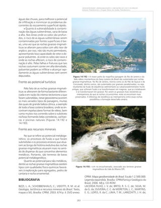 263
GEODIVERSIDADE: ADEQUABILIDADES E LIMITAÇÕES AO USO E OCUPAÇÃO
Antonio Theodorovicz e Ângela Maria de Godoy Theodorovicz
águas das chuvas, para melhorar o potencial
de infiltração e minimizar os problemas de-
correntes do escoamento superficial rápido.
• Quanto à vulnerabilidade à contami-
nação das águas subterrâneas, varia de baixa
a alta. Nas áreas onde os solos são profun-
dos, o risco de as águas subterrâneas serem
contaminadas por fontes superficiais é bai-
xo, uma vez que as rochas gnaisse-migmatí-
ticas se alteram para solos com alto teor de
argila e, por isso, não são muito permeáveis,
apresentando boa capacidade de reter e de-
purar poluentes. Já onde os solos são rasos e
onde as rochas afloram, o risco de contami-
nação é alto. Pelas falhas e fraturas que tais
rochas costumam conter em alta densidade,
poluentes podem se infiltrar e alcançar rapi-
damente as águas subterrâneas sem serem
depurados.
Frente ao potencial turístico
Pelo fato de as rochas gnaisse-migmatí-
ticas se alterarem de forma bastante diferen-
ciada e em razão do intenso tectonismo a que
foram submetidas, nesse geossistema ocorrem
os mais variados tipos de paisagens, muitas
das quais de grande beleza cênica, a exemplo
de toda a faixa costeira brasileira, onde se en-
contram espetaculares formas de relevo, bem
como muitos rios correndo sobre o substrato
rochoso formando belas corredeiras, cachoei-
ras e piscinas naturais (Figuras 14.192 e
14.193).
Frente aos recursos minerais
No que se refere ao potencial metaloge-
nético, os processos de fusão a que foram
submetidas e os processos erosivos que atua-
ram ao longo da história evolutiva das rochas
gnaisse-migmatíticas atuaram mais no senti-
do de dispersar do que concentrar elementos
metálicos. Portanto, são terrenos de baixo
potencial metalogenético.
Quanto ao potencial para não-metálicos,
dentre as rochas gnaisse-migmatíticas existem
tipos com qualidades físico-químicas favorá-
veis à exploração para agregados, pedra de
cantaria e rocha ornamental.
BIBLIOGRAFIA
BIZZI, L. A.; SCHOBBENHAUS, C.; VIDOTTI, R. M. et al.
Geologia, tectônica e recursos minerais do Brasil. Texto,
mapas e SIG. Brasília: CPRM, 2003. 674 p. il. DVD anexo.
Figura 14.193 ––––– Um rio encachoeirado, associado aos terrenos gnaisse-
migmatíticos do Vale do Ribeira (SP).
Figura 14.192 ––––– A maior parte da magnífica paisagem do Rio de Janeiro e do
belo relevo montanhoso da faixa costeira do Brasil são sustentados por rochas
gnaisse-migmatíticas. No Rio de Janeiro, morros como os do Pão de Açúcar e do
Corcovado, dentre outros, são sustentados por gnaisses paraderivados, ou seja,
resultantes da fusão de seqüências sedimentares ou vulcanossedimentares muito
antigas, que sofreram fusão e se transformaram em magmas, que se cristalizaram
e se transformaram em gnaisse. Por serem os gnaisses mais resistentes ao
intemperismo do que as rochas circunvizinhas, estes se encontram mais
preservados. A diferença de resistência ao intemperismo entre essas rochas
possibilitou a formação desse belo cenário.
CPRM. Mapa geodiversidade do Brasil. Escala 1:2.500.000.
Legenda expandida. Brasília: CPRM/Serviço Geológico do
Brasil, 2006. 68 p. CD-ROM.
LACERDA FILHO, J. V. de; BRITO, R. S. C. de; SILVA, M.
da G. da; OLIVEIRA, C. C. de MORETON, L. C.; MARTINS,
E. G.; LOPES, R. da C.; LIMA, T. M.; LARIZZATTI, J. H. de;
 