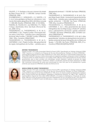 264
GEODIVERSIDADE DO BRASIL
VALENTE, C. R. Geologia e recursos minerais do estado
do Mato Grosso do Sul. 1:1.000.000. Campo Grande:
CPRM/SGB, 2006.
SCHOBBENHAUS, C.; GONÇALVES, J. H.; SANTOS, J. O.
S. et al. Carta geológica do Brasil ao milionésimo: siste-
ma de informações geográficas (SIG) e 46 folhas na escala
1:1.000.000. Brasília: CPRM/SGB, 2004. 41 CD-ROMs.
TEIXEIRA, W.; TOLEDO, M. C. de; FAIRCHILD, T. R.; TAIOLI,
F. (Orgs.). Decifrando a Terra. São Paulo: Oficina de Tex-
tos, 2000. 557 p.
THEODOROVICZ, A.; THEODOROVICZ, A. M. de G.;
CANTARINO, S. da C. Projeto Curitiba: informações bási-
cas sobre o meio físico – subsídios para o planejamento
territorial, folha Curitiba 1:100.000. Curitiba: CPRM/SGB,
1994. 109 p. Convênio CPRM/COMEC.
THEODOROVICZ, A.; THEODOROVICZ, A. M. de G.;
CANTARINO, S. da C. Projeto Curitiba: atlas geoambiental
da região metropolitana de Curitiba – subsídios para o
ANTONIO THEODOROVICZ
Geólogo formado (1977) pela Universidade Federal do Paraná (UFPR). Especialização em Geologia Ambiental (CPRM/
1990). Ingressou na Companhia de Pesquisa de Recursos Minerais/Serviço Geológico do Brasil (CPRM/SGB) –
Superintendência Regional de Porto Velho (SUREG/PV) em 1978. Desde 1982 atua na Superintendência Regional de São
Paulo (CPRM-SUREG/SP). Executou e chefiou vários projetos de mapeamento geológico, prospecção mineral e metalogenia
em diversas escalas nas regiões Amazônica, Sul e Sudeste. Desde 1990 atua como supervisor/executor de vários estudos
geoambientais, para os quais concebeu uma metodologia, também adaptada e aplicada na geração dos mapas
Geodiversidade do Brasil e estaduais. Atualmente, também é coordenador regional do Projeto Geoparques da CPRM/
SGB, ministrando treinamentos de campo para caracterização do meio físico para fins de planejamento e gestão
ambiental, para equipes da CPRM/SGB e de países da América do Sul.
ANGELA MARIA DE GODOY THEODOROVICZ
Geóloga formada (1977) pela Universidade Federal do Paraná (UFPR). Especialização em Geologia Ambiental (CPRM/
1990). Ingressou na Companhia de Pesquisa de Recursos Minerais/Serviço Geológico do Brasil (CPRM/SGB) –
Superintendência Regional de São Paulo (SUREG/SP) em 1978. Atuou em diversos projetos de Mapeamento Geológico
Básico, Pesquisa Mineral para Não-Metálicos, Metalogenia e Planejamento Minerário. De 1980 a 1981, trabalhou na
Superintendência Regional de Porto Velho (CPRM-SUREG/PV), em projetos de Metalogenia e Prospecção de Carvão.
Desde 1990 atua na área de Estudo do Meio Físico para o Planejamento do Uso e Ocupação do Solo, como executora e
chefe de projetos na SUREG/SP. A partir de 2006 passou a integrar a equipe do Projeto Geodiversidade do Brasil.
planejamento territorial. 1:150.000. São Paulo: CPRM/SGB,
1999. 48 p.
THEODOROVICZ, A.; THEODOROVICZ, A. M. de G. Pro-
jeto Mogi-Guaçu-Pardo: zoneamento geoambiental do
médio Pardo – subsídios para o planejamento territorial e
gestão ambiental. 1:100.000. São Paulo: CPRM/SGB,
1999. 69 p. Convênio CPRM/SEMA-SP.
THEODOROVICZ, A.; THEODOROVICZ, A. M. de G;
CANTARINO, S. da C. Atlas geoambiental das bacias
hidrográficas dos rios Mogi-Guaçu e Pardo-SP: subsídios
para o planejamento territorial e gestão ambiental.
1:350.000. São Paulo: CPRM/SGB, 2002. CD-ROM. Con-
vênio CPRM/SEMA-SP.
THEODOROVICZ, A.; THEODOROVICZ, A. M. de G. Atlas
geoambiental: subsídios ao planejamento territorial e à
gestão ambiental da bacia hidrográfica do rio Ribeira de
Iguape. 1:250.000. São Paulo: CPRM/SGB, 2005, 91 p.
Convênio CPRM/UNICAMP/IAL/FAPESP.
 