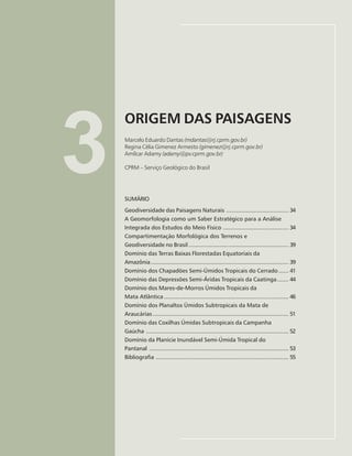 33
ORIGEM DAS PAISAGENS
Marcelo Eduardo Dantas, Regina Célia Gimenez Armesto, Amílcar Adamy
3
ORIGEM DAS PAISAGENS
Marcelo Eduardo Dantas (mdantas@rj.cprm.gov.br)
Regina Célia Gimenez Armesto (gimenez@rj.cprm.gov.br)
Amílcar Adamy (adamy@pv.cprm.gov.br)
CPRM – Serviço Geológico do Brasil
SUMÁRIO
Geodiversidade das Paisagens Naturais ...................................... 34
A Geomorfologia como um Saber Estratégico para a Análise
Integrada dos Estudos do Meio Físico ........................................ 34
Compartimentação Morfológica dos Terrenos e
Geodiversidade no Brasil ............................................................. 39
Domínio das Terras Baixas Florestadas Equatoriais da
Amazônia.................................................................................... 39
Domínio dos Chapadões Semi-Úmidos Tropicais do Cerrado ...... 41
Domínio das Depressões Semi-Áridas Tropicais da Caatinga....... 44
Domínio dos Mares-de-Morros Úmidos Tropicais da
Mata Atlântica ............................................................................ 46
Domínio dos Planaltos Úmidos Subtropicais da Mata de
Araucárias................................................................................... 51
Domínio das Coxilhas Úmidas Subtropicais da Campanha
Gaúcha ....................................................................................... 52
Domínio da Planície Inundável Semi-Úmida Tropical do
Pantanal ..................................................................................... 53
Bibliografia ................................................................................. 55
 