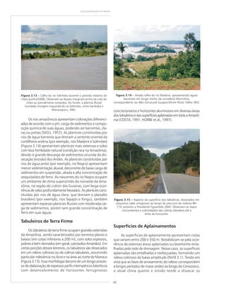 40
GEODIVERSIDADE DO BRASIL
concrecionários e horizontes aluminosos em diversas áreas
dostabuleirosedassuperfíciesaplainadasemtodaaAmazô-
nia (COSTA, 1991; HORBE et al., 1997).
Superfícies de Aplainamentos
As superfícies de aplainamento apresentam cotas
que variam entre 200 e 350 m. Notabilizam-se pela ocor-
rência de extensas áreas aplainadas ou levemente enta-
lhadas pela rede de drenagem. Nesse caso, as superfícies
aplainadas são entalhadas e reafeiçoadas, formando um
relevo colinoso de baixa amplitude (Perfil 3.1). Tendo em
vista que as fases de arrasamento do relevo correspondem
a longos períodos de maior aridez ao longo do Cenozóico,
o atual clima quente e úmido tende a dissecar os
Os rios amazônicos apresentam colorações diferenci-
adas de acordo com o pH, carga de sedimentos e compo-
sição química de suas águas, podendo ser barrentas, cla-
ras ou pretas (SIOLI, 1957). As planícies constituídas por
rios de água barrenta que drenam a vertente oriental da
cordilheira andina (por exemplo, rios Madeira e Solimões)
(Figura 3.14) apresentam planícies mais extensas e solos
com boa fertilidade natural (condição rara na Amazônia),
devido à grande descarga de sedimentos oriunda da dis-
secação (erosão) dos Andes. As planícies constituídas por
rios de água preta (por exemplo, rio Negro) apresentam
menor sedimentação aluvial, decorrente de baixa carga de
sedimentos em suspensão, aliada à alta concentração de
sesquióxidos de ferro. As nascentes do rio Negro ocupam
um ambiente de clima superúmido do noroeste da Ama-
zônia, na região do cráton das Guianas, com larga ocor-
rência de solos profundamente lixiviados. As planícies cons-
tituídas por rios de água clara, que drenam o planalto
brasileiro (por exemplo, rios Tapajós e Xingu), também
apresentam esparsas planícies fluviais com moderada car-
ga de sedimentos, porém sem grande concentração de
ferro em suas águas.
Tabuleiros de Terra Firme
Ostabuleirosdeterrafirmeocupamgrandesextensões
da Amazônia, sendo caracterizados por terrenos planos e
baixos (em cotas inferiores a 200 m), com solos espessos,
pobresebemdrenados(emgeral,LatossolosAmarelos).Em
certas porções desses terrenos, os tabuleiros são dissecados
em um relevo colinoso ou de colinas tabulares, assumindo
particular relevância no Acre e na área ao norte de Manaus
(Figura 3.15). Essa morfologia decorre de um longo proces-
so de elaboração de espessos perfis intempéricos lateríticos
com desenvolvimento de horizontes ferruginosos
Figura 3.13 ––––– Calha do rio Solimões durante o período máximo de
cheia (junho/2008). Observam-se diques marginais acima da cota de
cheia ou parcialmente rompidos. Ao fundo, a planície fluvial
inundada (margem esquerda do rio Solimões, entre Iranduba e
Manacapuru, AM).
FFFFFigura 3.14 ––––– Ampla calha do rio Madeira, apresentando águas
barrentas em longo trecho da corredeira Morrinhos,
correspondente ao Alto Estrutural Guajará-Mirim–Porto Velho (RO).
Figura 3.15 ––––– Aspecto da superfície dos tabuleiros, dissecados em
pequenos vales ortogonais ao longo do percurso da rodovia BR–
174, próximo a Presidente Figueiredo (AM). Observam-se topos
concordantes e subnivelados das colinas tabulares até a
linha do horizonte.
 