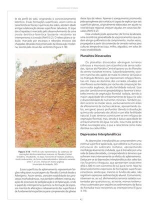 42
GEODIVERSIDADE DO BRASIL
te do perfil do solo, originando o concrecionamento
laterítico. Essas formações superficiais, assim como as
características físicas e químicas dos solos, atestam idade
antiga à elaboração dessas superfícies tabulares. O topo
das chapadas é marcado pelo desenvolvimento de uma
crosta detrítico-laterítica bastante resistente ao
intemperismo e à erosão (Perfil 3.2). O relevo plano e ta-
bular, marcado por escarpas e rebordos erosivos das
chapadas elevadas está preservado da dissecação moder-
na, exceto pelo recuo das vertentes (Figura 3.18).
Essas superfícies de aplainamento representam fei-
ções reliquiares na paisagem do Planalto Central desde o
Paleógeno. Assim sendo, atestam estabilidade dos pro-
cessos morfodinâmicos, mas também refletem intensa atu-
ação de processos de pediplanação e etchplanação, onde
o papel do intemperismo químico na formação de espes-
sos mantos de alteração e rebaixamento das superfícies é
de fundamental importância para compreensão da gênese
desse tipo de relevo. Apenas o soerguimento promovido
pela epirogênese pós-cretácica é capaz de explicar que tais
superfícies planas, originalmente elaboradas em ajuste no
nível de base regional, estejam alçadas em cotas tão ele-
vadas (Perfil 3.2).
Essa unidade pode apresentar, de forma localizada,
uma ocorrência generalizada de voçorocamentos que po-
dem atingir quilômetros de comprimento, muitas vezes,
propagados a partir da conversão de cerrado nativos para
culturas temporárias (soja, milho, algodão), em solos de
maior erodibilidade.
Planaltos Dissecados
Os planaltos dissecados abrangem terrenos
colinosos a morrosos com ocorrência de serras isola-
das, típicos do Planalto Central goiano ou do Planalto
do centro-noroeste mineiro. Subordinadamente, ocor-
rem manchas de capões de mata no interior de Goiás e
no Triângulo Mineiro, que representam refúgios flores-
tais em meio ao domínio dos cerrados situados em
interflúvios sustentados por rochas de composição bá-
sica e solos argilosos, de alta fertilidade natural. Esse
peculiar condicionante geopedológico favorece o esta-
belecimento de vegetação florestal isolada, devido à
maior capacidade de armazenamento de água no solo
e disponibilidade de nutrientes minerais. Também po-
dem ocorrer as matas secas, exclusivamente em áreas
de afloramento de rochas calcárias, apresentando so-
los, em geral, pouco profundos (devido à dissolução
química do carbonato de cálcio) e com alta fertilidade
natural. Esses terrenos constituem-se em refúgios de
vegetação florestal, mas, devido à baixa capacidade de
armazenamento de água no solo, essa mata perde as
folhas na estação seca, o que a caracteriza como mata
decídua ou caducifólia.
Depressões Interplanálticas
As depressões interplanálticas compreendem uma
extensa superfície aplainada, que oblitera ou trunca as
estruturas do substrato rochoso, apresentando
morfologia levemente ondulada, que é drenado por uma
rede de baixa densidade, correspondendo a terrenos que
sofreram mais intensamente os efeitos do aplainamento.
Destacam-se as depressões interplanálticas dos vales dos
rios Tocantins e Araguaia, que apresentam cotas entre
450 e 200 m com caimento de sul para norte. Não há
desenvolvimento expressivo de formações superficiais
cenozóicas, sendo que, mesmo os fundos de vales, não
registram expressiva sedimentação aluvial. Comumente,
observam-se, ao sul, alinhamentos serranos isolados sus-
tentados por quartzitos ou, ao norte, morros-testemu-
nhos sustentados por seqüências sedimentares da Bacia
do Parnaíba mais resistentes ao intemperismo (Figura
3.19).
Figura 3.18 ––––– Perfil de solo representativo da cobertura de
concreções detrítico-lateríticas imaturas no Planalto Central
brasileiro, ressaltando, no topo, horizonte de nódulos pisolíticos,
muito endurecidos, de forma subarredondada e diâmetro variando
entre 1 a 5 cm, imerso em matriz argilosa
(município de Anápolis, GO).
 