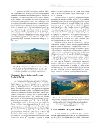 45
ORIGEM DAS PAISAGENS
Marcelo Eduardo Dantas, Regina Célia Gimenez Armesto, Amílcar Adamy
A Depressão Sertaneja, caracterizada por essas exten-
sas superfícies planas, é interrompida não somente pelas
vertentes dos rebordos erosivos e escarpas dos planaltos e
chapadas circundantes, mas também por grande quanti-
dade de relevos residuais, tais como inselbergs ou alinha-
mentos serranos isolados, muitas vezes, exibindo forte
controle litoestrutural do substrato ígneo-metamórfico pré-
cambriano. Os inselbergs são de relevos residuais que apa-
recem na paisagem como montes isolados, elevando-se,
em muitos casos, centenas de metros acima do piso da
superfície regional. Em parte, essas formas de relevo resi-
dual são originadas a partir da resistência diferencial ao
intemperismo e à erosão de determinadas litologias (em
especial, rochas graníticas ou quartzíticas) frente ao con-
junto de litologias aflorantes em determinada região (Fi-
gura 3.21).
Chapadas Sustentadas por Rochas
Sedimentares
As chapadas sustentadas por rochas sedimentares re-
presentam uma antiga cobertura sedimentar marinha de
idade cretácica que recobriu grande parte da Depressão
Sertaneja. Tal fato é facilmente reconhecido pelo alto con-
teúdo fossilífero encontrado na Chapada do Araripe (em
especial, a ictiofauna do Cretáceo) e sugere uma expressi-
va invasão marinha no nordeste setentrional após a aber-
tura do oceano Atlântico. Destacam-se, nesse contexto: a
Chapada do Araripe, entre o Cariri cearense e os sertões
paraibano e pernambucano (uma uniforme superfície ta-
bular em cotas que variam entre 750 e 950 m) (Perfil 3.3);
a Chapada do Apodi, na divisa entre o Rio Grande do
Norte e o Ceará (mais baixa e próxima do litoral, com
cotas que variam entre 150 e 250 m). O soerguimento
promovido pela epirogênese pós-cretácica alçou o antigo
fundo marinho ao nível do topo dessas chapadas sendo,
posteriormente, removidas pela erosão ao longo do
Cenozóico. As chapadas existentes são, portanto, rema-
nescentes de um antigo capeamento marinho outrora
muito mais amplo. A Chapada da Ibiapaba, na divisa
entre Ceará e Piauí (em cotas que variam entre 600 e
900 m), está sustentada por rochas mais antigas da Ba-
cia do Parnaíba.
Em contraste com as superfícies aplainadas, os topos
das chapadas apresentam solos profundos e com melhor
capacidade de armazenamento de água. Esse fato explica
uma melhor condição de umidade do Cariri, no sopé da
escarpa norte do Araripe, onde as cidades de Crato e
Juazeiro do Norte estão situadas. Isso se deve ao fato de
que as camadas de rochas sedimentares na Chapada do
Araripe sofreram basculamento para norte, produzindo um
movimento da água subterrânea nessa direção e o
surgimento de um grande número de nascentes (“olhos
d’água”) na borda norte do Araripe (ANDRADE, 1964).
Em contraste, as vertentes sul e leste, voltadas para
Pernambuco e Paraíba, são muito mais áridas.
Destaque especial deve ser conferido à Chapada
Diamantina, situada na porção central do estado da Bahia.
Apresenta direção alongada no sentido N-S e consiste em
extensa cobertura plataformal, constituída por rochas
sedimentares de idade proterozóica que jazem sobre o
Cráton do São Francisco e representam um conjunto de
elevações imponentes, de grande beleza cênica, apresen-
tando topos planos, cujas cotas se situam entre 1.200 e
1.600 m (Figura 3.22). Predominam arenitos (alguns
diamantíferos), conglomerados e calcários com dominância
de solos rasos e permeáveis (Cambissolos, Neossolos
Litólicos e Neossolos Quartzarênicos) de expressiva
vulnerabilidade ambiental (BONFIM et al., 1994). A ver-
tente voltada para leste é coberta por um refúgio florestal
de Mata Atlântica, enquanto a vertente voltada para o
oeste, mais seca, é coberta por vegetação de caatinga.
Serras Isoladas e Brejos de Altitude
As serras isoladas que ressaltam em meio à Depres-
sãoSertanejatambémconstituemumimportanteelemento
da paisagem do semi-árido nordestino, pois representam
Figura 3.21 ––––– Alinhamentos isolados de cristas de quartzitos
gerando formas de relevo residuais (inselbergs) em meio à vasta
superfície aplainada da Depressão Sertaneja (açude de Caribobó)
(município de Canudos, BA). Fotografia: Rogério Ferreira.
Figura 3.22 ––––– Topos planos dos altos planaltos bruscamente
delimitados por paredões rochosos subverticais. Abaixo, prevalecem
extensas encostas detríticas que convergem para vales amplos e
profundos, perfazendo o cenário físico da Chapada Diamantina
(município de Lençóis, BA). Disponível em: <http://
ricciardionline.com/>.
 