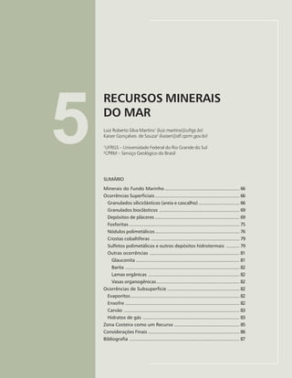 65
RECURSOS MINERAIS DO MAR
Luiz Roberto Martins e Kaiser de Souza
5
RECURSOS MINERAIS
DO MAR
Luiz Roberto Silva Martins1
(luiz.martins@ufrgs.br)
Kaiser Gonçalves de Souza2
(kaiser@df.cprm.gov.br)
1
UFRGS – Universidade Federal do Rio Grande do Sul
2
CPRM – Serviço Geológico do Brasil
SUMÁRIO
Minerais do Fundo Marinho ....................................................... 66
Ocorrências Superficiais .............................................................. 66
Granulados siliciclásticos (areia e cascalho) .............................. 66
Granulados bioclásticos ........................................................... 69
Depósitos de pláceres .............................................................. 69
Fosforitas ................................................................................. 75
Nódulos polimetálicos .............................................................. 76
Crostas cobaltíferas ................................................................. 79
Sulfetos polimetálicos e outros depósitos hidrotermais .......... 79
Outras ocorrências .................................................................. 81
Glauconita ............................................................................ 81
Barita .................................................................................... 82
Lamas orgânicas ................................................................... 82
Vasas organogênicas............................................................. 82
Ocorrências de Subsuperfície ..................................................... 82
Evaporitos................................................................................ 82
Enxofre .................................................................................... 82
Carvão ..................................................................................... 83
Hidratos de gás ....................................................................... 83
Zona Costeira como um Recurso ................................................ 85
Considerações Finais ................................................................... 86
Bibliografia ................................................................................. 87
 