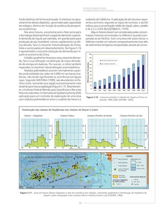 77
RECURSOS MINERAIS DO MAR
Luiz Roberto Martins e Kaiser de Souza
Figura 5.16 – Consumo primário e indireto de níquel na China no
período 1990-2000 (ANTRIM, 2005).
Figura 5.17 – Zona de fratura Clarion-Clipperton e área de ocorrência dos nódulos, mostrando igualmente a distribuição de freqüência de
níquel e cobre comparada à dos oceanos Índico e Pacífico (norte e sul) (COOPER, 1983).
fundo declinou de forma acentuada. O interesse no apro-
veitamento desses depósitos, governado pela capacidade
tecnológica, diminui em função da ausência de perspecti-
vas econômicas.
Nos anos futuros, a economia será o fator principal e
a tecnologia desempenhará o papel de elemento suporte.
A demanda de níquel, por exemplo, em grande parte para
produção de aço inoxidável, cresceu rapidamente na últi-
ma década, face à crescente industrialização da China,
Índia e outros países em desenvolvimento. Na Figura 5.16
é apresentada a crescente evolução da demanda por ní-
quel na economia da China.
Cobalto igualmente favoreceu essa crescente deman-
da, face à sua utilização na obtenção de maior densida-
de de energia em baterias. Por sua vez, o cobre também
respondeu à crescente industrialização automobilística.
Nódulos polimetálicos ocorrem normalmente a gran-
des profundidades (ao redor de 4.000 m) nas bacias oce-
ânicas, não sendo significantes as ocorrências em águas
rasas. Segundo SANTANA (1999), são abundantes no Pa-
cífico norte, tornando essa região economicamente mais
atraente para futura explotação (Figura 5.17). Recentemen-
te, o Instituto Federal Alemão para Geociências e Recursos
Naturais submeteu à International Seabed Authority (ISA)
aplicação para um contrato de exploração de uma área
com nódulos polimetálicos entre o sudeste do Havaí e o
sudoeste da Califórnia. A aplicação de tal natureza repre-
senta a primeira, segundo as regras de contrato: a da ISA
indicou que a concentração média de níquel, cobre, cobalto
é de 2,5 a 3,0% (BLISSENBACH, 1979).
Alguns fatores devem ser considerados pelas concen-
trações menores encontradas no Atlântico quando com-
paradas às do Pacífico. Com uma área três vezes menor, o
Atlântico recebe um volume comparativamente mais alto
de sedimentos terrígenos transportados através de corren-
 