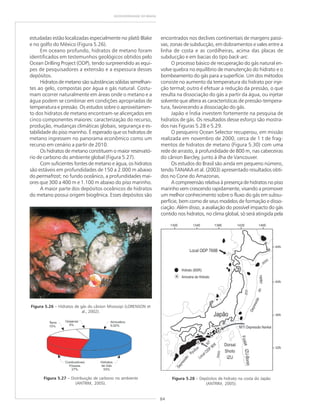 84
GEODIVERSIDADE DO BRASIL
estudadas estão localizadas especialmente no platô Blake
e no golfo do México (Figura 5.26).
Em oceano profundo, hidratos de metano foram
identificados em testemunhos geológicos obtidos pelo
Ocean Drilling Project (ODP), tendo surpreendido as equi-
pes de pesquisadores a extensão e a espessura desses
depósitos.
Hidratos de metano são substâncias sólidas semelhan-
tes ao gelo, compostas por água e gás natural. Costu-
mam ocorrer naturalmente em áreas onde o metano e a
água podem se combinar em condições apropriadas de
temperatura e pressão. Os estudos sobre o aproveitamen-
to dos hidratos de metano encontram-se alicerçados em
cinco componentes maiores: caracterização do recurso,
produção, mudanças climáticas globais, segurança e es-
tabilidade do piso marinho. É esperado que os hidratos de
metano ingressem no panorama econômico como um
recurso em cenário a partir de 2010.
Os hidratos de metano constituem o maior reservató-
rio de carbono do ambiente global (Figura 5.27).
Com suficientes fontes de metano e água, os hidratos
são estáveis em profundidades de 150 a 2.000 m abaixo
do permafrost; no fundo oceânico, a profundidades mai-
ores que 300 a 400 m e 1.100 m abaixo do piso marinho.
A maior parte dos depósitos oceânicos de hidratos
do metano possui origem biogênica. Esses depósitos são
encontrados nos declives continentais de margens passi-
vas, zonas de subducção, em dobramentos e vales entre a
linha de costa e as cordilheiras, acima das placas de
subducção e em bacias do tipo back-arc.
O processo básico de recuperação do gás natural en-
volve quebra no equilíbrio de manutenção do hidrato e o
bombeamento do gás para a superfície. Um dos métodos
consiste no aumento da temperatura do hidrato por inje-
ção termal; outro é efetuar a redução da pressão, o que
resulta na dissociação do gás a partir da água, ou injetar
solvente que altera as características de pressão-tempera-
tura, favorecendo a dissociação do gás.
Japão e Índia investem fortemente na pesquisa de
hidratos de gás. Os resultados desse esforço são mostra-
dos nas Figuras 5.28 e 5.29.
O pesqueiro Ocean Selector recuperou, em missão
realizada em novembro de 2000, cerca de 1 t de frag-
mentos de hidratos de metano (Figura 5.30) com uma
rede de arrasto, à profundidade de 800 m, nas cabeceiras
do cânion Barcley, junto à ilha de Vancouver.
Os estudos do Brasil são ainda em pequeno número,
tendo TANAKA et al. (2003) apresentado resultados obti-
dos no Cone do Amazonas.
A compreensão relativa à presença de hidratos no piso
marinho vem crescendo rapidamente, visando a promover
um melhor conhecimento sobre o fluxo do gás em subsu-
perfície, bem como de seus modelos de formação e disso-
ciação. Além disso, a avaliação do possível impacto do gás
contido nos hidratos, no clima global, só será atingida pela
Figura 5.27 – Distribuição de carbono no ambiente
(ANTRIM, 2005).
Figura 5.26 – Hidratos de gás do cânion Mississipi (LORENSON et
al., 2002).
Figura 5.28 – Depósitos de hidrato na costa do Japão
(ANTRIM, 2005).
 