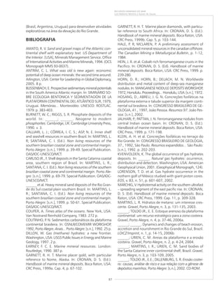 87
RECURSOS MINERAIS DO MAR
Luiz Roberto Martins e Kaiser de Souza
(Brasil, Argentina, Uruguai) para desenvolver atividades
exploratórias na área da elevação do Rio Grande.
BIBLIOGRAFIA
AMATO, R. V. Sand and gravel maps of the Atlantic con-
tinental shelf with explanatory text. US Department of
the Interior. [USA], Minerals Management Service. Office
of International Activities and Marine Minerals, 1994. (OCS
Monograph MMS 93-0037).
ANTRIM, C. L. What was old is new again: economic
potential of deep ocean minerals: the second time around.
Arlington, USA: Center for Leadership in Global Diplomacy,
2005. 8 p.
BLISSENBACH,E.Prospectivesedimentarymineralpotentials
in the South America Atlantic margin. In: SIMINÁRIO SO-
BRE ECOLOGIA BENTONICA Y SEDIMENTACIÓN DE LA
PLATAFORMA CONTINENTAL DEL ATLÂNTICO SUR, 1979,
Uruguai. Memórias... Montevidéo: UNESCO: ROSTLAC.
1979. p. 383-403.
BURNETT, W. C.; RIGGS, S. R. Phosphate deposits of the
world. In: ______; ______. Neogene to modern
phosphorites. Cambridge, UK: Cambridge University Press,
1990. v. 3.
CALLIARI, L. J.; CÔRREA, I. C. S.; ASP, N. E. Inner shelf
and seashell resources in southern Brazil. In: MARTINS, L.
R; SANTANA, C. I. (Ed.). Non living resources of the
southern brazilian coastal zone and continental margin.
Porto Alegre: [s.n.], 1999. p. 39-49. Special Publication.
OAS/IOC-UNESCO/MCT.
CARUSO JR., F. Shell deposits in the Santa Catarina coastal
area, southern region of Brazil. In: MARTINS, L. R.;
SANTANA, C. I. (Ed.). Non living resources of the southern
brazilian coastal zone and continental margin. Porto Ale-
gre: [s.n.], 1999. p. 69-79. Special Publication. OAS/IOC-
UNESCO/MCT.
______ et al. Heavy mineral sand deposits of the Rio Gran-
de do Sul coastal plain southern Brazil. In: MARTINS, L.
R.; SANTANA, C. I. (Ed.). Non living resources of the
southern brazilian coastal zone and continental margin.
Porto Alegre: [s.n.], 1999. p. 50-61. Special Publication.
OAS/IOC-UNESCO/MCT.
COUPER, A. Times atlas of the oceans. New York, USA:
Van Nostrand Reinhold Company, 1983. 272 p.
COUTINHO, P. N. Sedimentos carbonáticos da plataforma
continental brasileira. In: OSNLR/COMEMIR WORKSHOP,
1992, Porto Alegre. Anais... Porto Alegre: [s.n.], 1992. 25 p.
DILLON, W. Gas (methane) hydrates: a new frontier.
Washington, USA: USGS Public Issues in Energy and Marine
Geology, 1997. 2 p.
EARNEY, F. C. E. Marine mineral resources. London:
Routledge, 1990. 387 p.
GARNETT, R. H. T. Marine placer gold, with particular
reference to Nome, Alaska. In: CRONAN, D. S. (Ed.).
Handbook of marine mineral deposits. Boca Raton, USA:
CRC Press, 1999a. Cap. 4, p. 67-102.
GARNETT, R. H. T. Marine placer diamonds, with particu-
lar reference to South Africa. In: CRONAN, D. S. (Ed.).
Handbook of marine mineral deposits. Boca Raton, USA:
CRC Press, 1999b. Cap. 5, p. 103-144.
HALE, P. R; MCLAREN, P. A preliminary assessment of
unconsolidated mineral resources in the canadian offshore.
The Canadian Mining e Metallurgical Bulletin, p. 1-12,
1984.
HEIN, J. R. et al. Cobalt-rich ferromanganese crusts in the
Pacifico. In: CRONAN, D. S. (Ed). Handbook of marine
mineral deposits. Boca Raton, USA: CRC Press, 1999. p.
239-280.
HORN, D. R.; HORN, B.; DELACH, M. N. Worldwide
distribution and metal content of deep-sea manganese
nodules. In: MANGANESE NODULE DEPOSITS WORKSHOP,
1972,Honolulu. Proceedings... Honolulu, USA: [s.n.], 1972.
HOSANG, D.; ABREU, J. G. N. Concreções fosfáticas na
plataforma externa e talude superior da margem conti-
nental sul brasileira. In: CONGRESSO BRASILEIRO DE GE-
OLOGIA, 41., 1997, João Pessoa. Resumos 97. João Pes-
soa: [s.n.], 2002.
JAUHARI, P.; PATTAN, J. N. Ferromanganese nodules from
central Indian ocean basin. In: CRONAN, D. S. (Ed.).
Handbook of marine mineral deposits. Boca Raton, USA:
CRC Press, 1999. p. 171-198.
KLEIN, A. H. et al. Concreções fosfáticas no terraço do
Rio Grande. In: CONGRESSO BRASILEIRO DE GEOLOGIA,
37., 1992, São Paulo. Resumos expandidos... São Paulo:
[s.n.], 1992. p. 202-203.
KVENVOLDEN, K. The global occurrence of gas hydrates
deposits. In: ______. Natural gas hydrates: ocurrence,
distribution and detection. Washington, USA: American
Geophysical Union, 2001. (Geophysical Monograph, 124).
LORENSON, T. D. et al. Gas hydrate occurrence in the
nothern golf of México studied with giant piston cores.
EOS, v. 83, n. 51, p. 601-607, 2002.
MARCHIG, V. Hydrotermal activity on the southern ultrafast
– spreading segment of the east pacific rise. In: CRONAN,
D. S. (Ed). Handbook of marine mineral deposits. Boca
Raton, USA: CRC Press, 1999. Cap. 11, p. 309-328.
MARTINS, L. R. Hidratos de metano: um interesse cres-
cente. Gravel, Porto Alegre, n. 3, p. 131-135, 2003.
______; TOLDO JR., E. E. Estoque arenoso da plataforma
continental: um recurso estratégico para a zona costeira.
Gravel, Porto Alegre, n. 4, p. 37-46, 2006a.
______; ______. Dynamics and changes of beach erosion,
accretion and nourishment in Rio Grande do Sul, Brazil.
LOICZ/Imprint, n. 1, p. 14-15, 2006b.
______; URIEN, C. M. Areias da plataforma e a erosão
costeira. Gravel, Porto Alegre, n. 2, p. 4-24, 2004.
______; MARTINS, I. R.; URIEN, C. M. Sand bodies of
the Santa Catarine inner continental shelf, Brazil. Gravel,
Porto Alegre, n. 3, p. 103-109, 2005.
______; TOLDO JR., E.E.; DILLENBURG, S. R. Erosão costei-
ra: causas, análise de risco e sua relação com a gênese de
depósitos marinhos. Porto Alegre: [s.n.], 2002. CD-ROM.
 