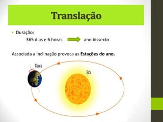 Translação
• Duração:
      365 dias e 6 horas          ano bissexto

Associada a inclinação provoca as Estações do ano.
 