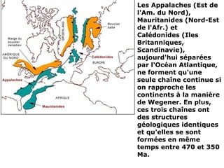 www.USGS.gov et www2.ulg.ac.be
Les Appalaches (Est de
l'Am. du Nord),
Mauritanides (Nord-Est
de l'Afr.) et
Calédonides (Iles
Britanniques,
Scandinavie),
aujourd'hui séparées
par l'Océan Atlantique,
ne forment qu'une
seule chaîne continue si
on rapproche les
continents à la manière
de Wegener. En plus,
ces trois chaînes ont
des structures
géologiques identiques
et qu'elles se sont
formées en même
temps entre 470 et 350
Ma.
 