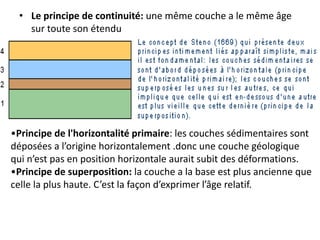 • Le principe de continuité: une même couche a le même âge
sur toute son étendu
•Principe de l'horizontalité primaire: les couches sédimentaires sont
déposées a l’origine horizontalement .donc une couche géologique
qui n’est pas en position horizontale aurait subit des déformations.
•Principe de superposition: la couche a la base est plus ancienne que
celle la plus haute. C’est la façon d’exprimer l’âge relatif.
 