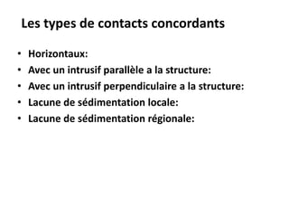 Les types de contacts concordants
• Horizontaux:
• Avec un intrusif parallèle a la structure:
• Avec un intrusif perpendiculaire a la structure:
• Lacune de sédimentation locale:
• Lacune de sédimentation régionale:
 