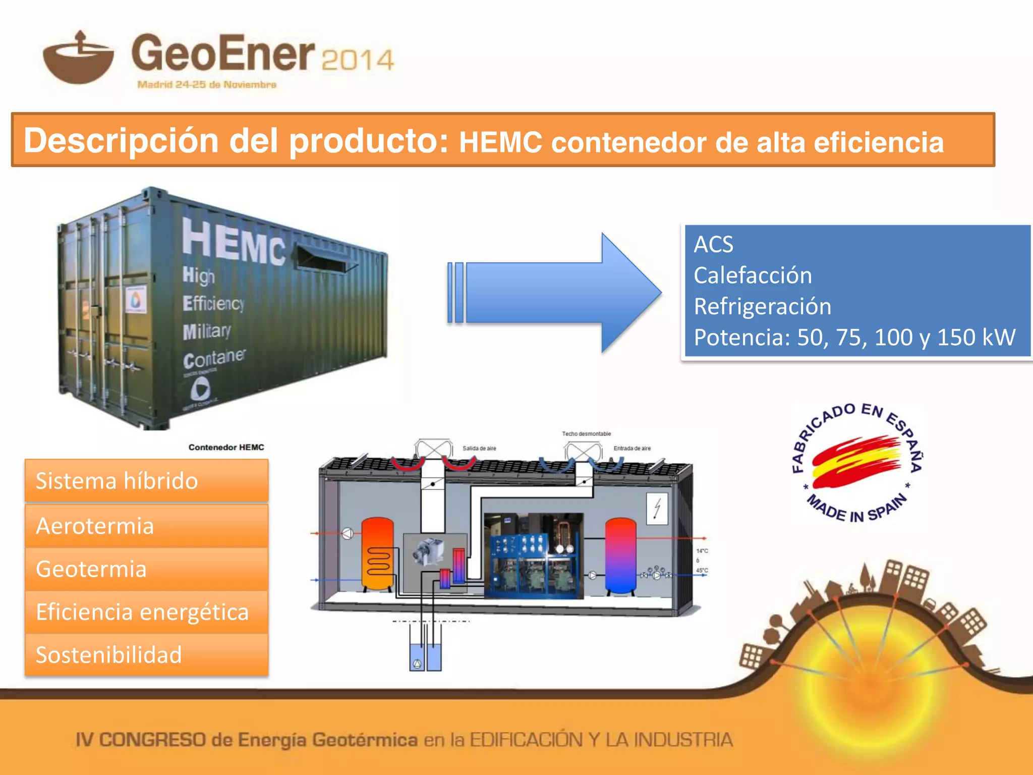 ACS
Calefacción
Refrigeración
Potencia: 50, 75, 100 y 150 kW
Descripción del producto: HEMC contenedor de alta eficiencia
Sistema híbrido
Aerotermia
Geotermia
Eficiencia energética
Sostenibilidad
 