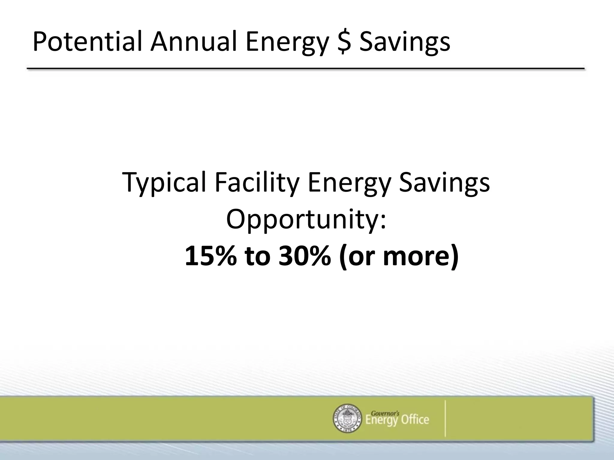 Potential Annual Energy $ Savings



       Typical Facility Energy Savings
                Opportunity:
            15% to 30% (or more)
 