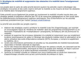 3. Stratégies de mobilité et suppression des obstacles à la mobilité dans l’enseignement
supérieur

Les projets dans le cadre de cette priorité doivent soutenir les activités visant à développer des
stratégies innovantes et des outils visant à stimuler la mobilité ou les moyens de lever les obstacles
à la mobilité dans l’enseignement supérieur.

Cette priorité couvre également les projets qui soutiennent la mobilité virtuelle inscrits dans une
stratégie globale d’intégration effective des TIC et de ressources pédagogiques en libre accès dans
les établissements d’enseignement supérieur participants. Plus d'informations sur les activités
soutenues précédemment par l'action Campus virtuel Erasmus.

La priorité sera accordée aux projets visant à:

 •   élaborer des stratégies visant à améliorer la mobilité à des fins d’apprentissage, par exemple
     en encourageant l’ajout de «fenêtres de mobilité» dans les programmes d’enseignement ou en
     favorisant l’implications de «multiplicateurs» (enseignants, formateurs) afin de promouvoir la
     mobilité;
 •   analyser et supprimer les principaux obstacles à la mobilité et notamment ceux qui empêchent
     la pleine reconnaissance du séjour à l’étranger des étudiants mobiles (dont la valorisation) et la
     pleine utilisation des outils d’équivalence existants (ECTS, Europass, y compris le supplément
     au diplôme, etc.);
 •   rendre des informations pertinentes et actuelles sur les possibilités de mobilité transnationale
     disponibles à l’échelle nationale et régionale;
 •   fournir des ressources éducatives libres d’accès pour les campus virtuels, en s’assurant que les
     questions organisationnelles, techniques et liées à la qualité sont résolues, de façon à pouvoir
     partager le contenu et le rendre facilement accessible à l’échelon européen;
 •   renforcer la mobilité virtuelle en intégrant aux cours traditionnels un accès aux ressources
     d’apprentissage virtuelles ainsi qu’aux communautés de pratique en ligne.

                                                                                               15
 
