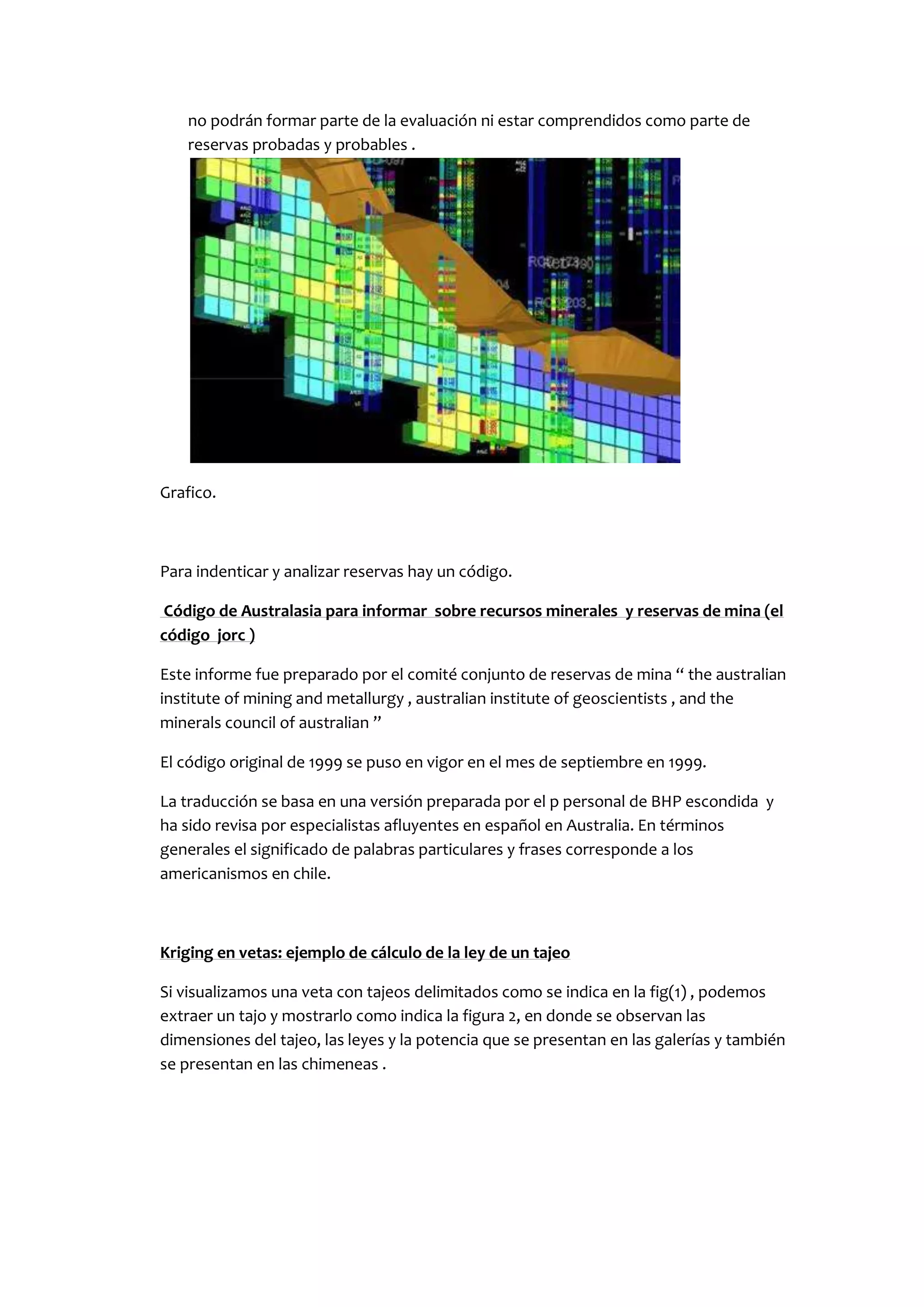 no podrán formar parte de la evaluación ni estar comprendidos como parte de
   reservas probadas y probables .




Grafico.



Para indenticar y analizar reservas hay un código.

Código de Australasia para informar sobre recursos minerales y reservas de mina (el
código jorc )

Este informe fue preparado por el comité conjunto de reservas de mina “ the australian
institute of mining and metallurgy , australian institute of geoscientists , and the
minerals council of australian ”

El código original de 1999 se puso en vigor en el mes de septiembre en 1999.

La traducción se basa en una versión preparada por el p personal de BHP escondida y
ha sido revisa por especialistas afluyentes en español en Australia. En términos
generales el significado de palabras particulares y frases corresponde a los
americanismos en chile.



Kriging en vetas: ejemplo de cálculo de la ley de un tajeo

Si visualizamos una veta con tajeos delimitados como se indica en la fig(1) , podemos
extraer un tajo y mostrarlo como indica la figura 2, en donde se observan las
dimensiones del tajeo, las leyes y la potencia que se presentan en las galerías y también
se presentan en las chimeneas .
 