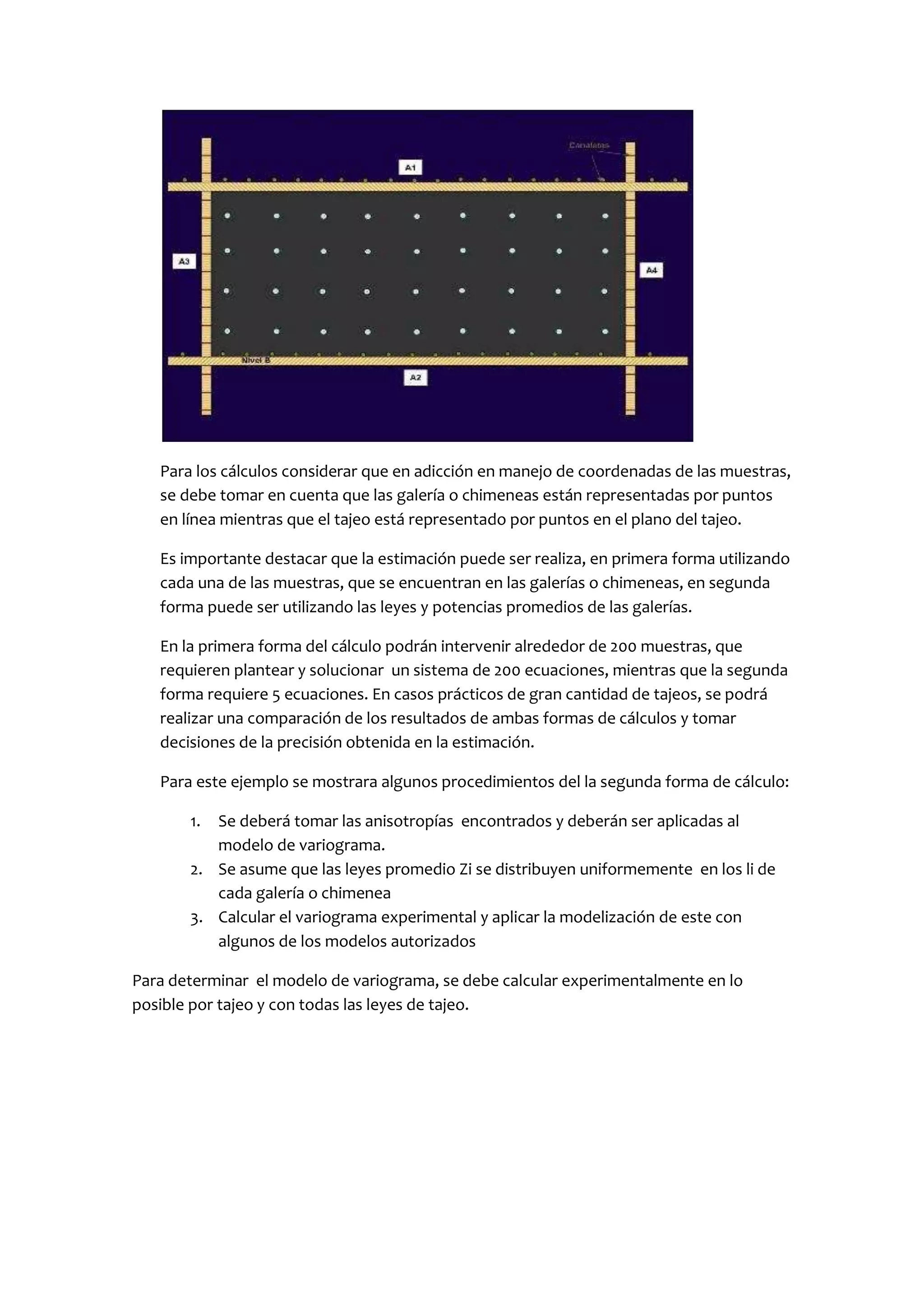 Para los cálculos considerar que en adicción en manejo de coordenadas de las muestras,
   se debe tomar en cuenta que las galería o chimeneas están representadas por puntos
   en línea mientras que el tajeo está representado por puntos en el plano del tajeo.

   Es importante destacar que la estimación puede ser realiza, en primera forma utilizando
   cada una de las muestras, que se encuentran en las galerías o chimeneas, en segunda
   forma puede ser utilizando las leyes y potencias promedios de las galerías.

   En la primera forma del cálculo podrán intervenir alrededor de 200 muestras, que
   requieren plantear y solucionar un sistema de 200 ecuaciones, mientras que la segunda
   forma requiere 5 ecuaciones. En casos prácticos de gran cantidad de tajeos, se podrá
   realizar una comparación de los resultados de ambas formas de cálculos y tomar
   decisiones de la precisión obtenida en la estimación.

   Para este ejemplo se mostrara algunos procedimientos del la segunda forma de cálculo:

       1. Se deberá tomar las anisotropías encontrados y deberán ser aplicadas al
          modelo de variograma.
       2. Se asume que las leyes promedio Zi se distribuyen uniformemente en los li de
          cada galería o chimenea
       3. Calcular el variograma experimental y aplicar la modelización de este con
          algunos de los modelos autorizados

Para determinar el modelo de variograma, se debe calcular experimentalmente en lo
posible por tajeo y con todas las leyes de tajeo.
 