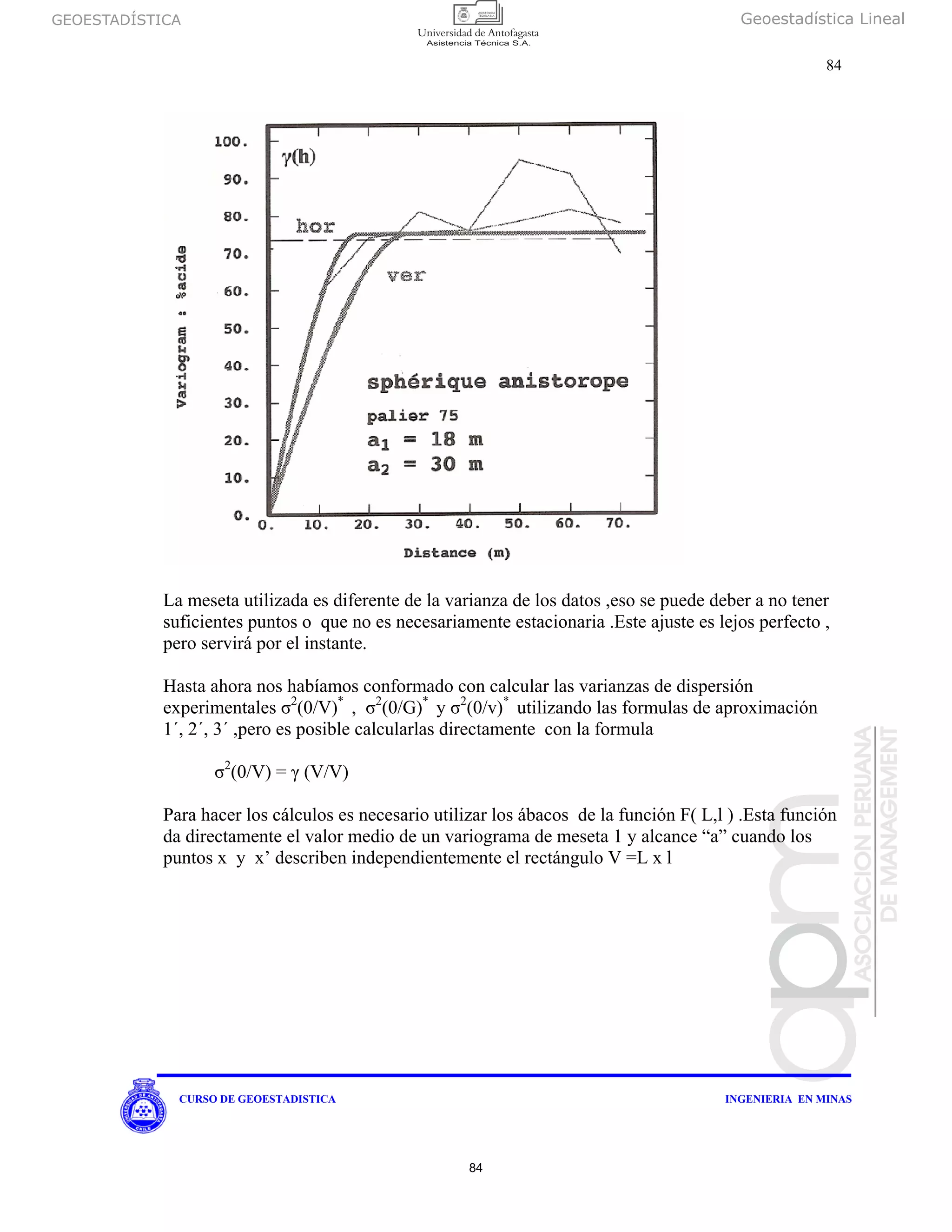GEOESTADÍSTICA Geoestadística Lineal
84
CURSO DE GEOESTADISTICA INGENIERIA EN MINAS
La meseta utilizada es diferente de la varianza de los datos ,eso se puede deber a no tener
suficientes puntos o que no es necesariamente estacionaria .Este ajuste es lejos perfecto ,
pero servirá por el instante.
Hasta ahora nos habíamos conformado con calcular las varianzas de dispersión
experimentales σ2
(0/V)*
, σ2
(0/G)*
y σ2
(0/v)*
utilizando las formulas de aproximación
1´, 2´, 3´ ,pero es posible calcularlas directamente con la formula
σ2
(0/V) = γ (V/V)
Para hacer los cálculos es necesario utilizar los ábacos de la función F( L,l ) .Esta función
da directamente el valor medio de un variograma de meseta 1 y alcance “a” cuando los
puntos x y x’ describen independientemente el rectángulo V =L x l
84
 