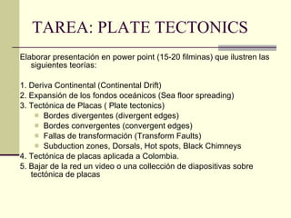 TAREA: PLATE TECTONICS Elaborar presentación en power point (15-20 filminas) que ilustren las siguientes teorías: 1. Deriva Continental (Continental Drift) 2. Expansión de los fondos oceánicos (Sea floor spreading) 3. Tectónica de Placas ( Plate tectonics) Bordes divergentes (divergent edges) Bordes convergentes (convergent edges) Fallas de transformación (Transform Faults) Subduction zones, Dorsals, Hot spots, Black Chimneys 4. Tectónica de placas aplicada a Colombia. 5. Bajar de la red un video o una collección de diapositivas sobre tectónica de placas 