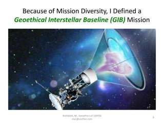 Because of Mission Diversity, I Defined a
Geoethical Interstellar Baseline (GIB) Mission
Rothblatt, M., Geoethics of 100YSS
mar@unither.com
9
 