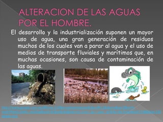 El desarrollo y la industrialización suponen un mayor
        uso de agua, una gran generación de residuos
        muchos de los cuales van a parar al agua y el uso de
        medios de transporte fluviales y marítimos que, en
        muchas ocasiones, son causa de contaminación de
        las aguas.




http://www.google.com.mx/#hl=es-419&q=contaminacion&tbs=dfn:1&tbo=u&sa=X&ei=H-
lxUIHPNeGc2AWu_oGADw&ved=0CBwQkQ4&bav=on.2,or.r_gc.r_pw.r_qf.&fp=1bc7cba3dcd57198&biw=136
6&bih=651
 