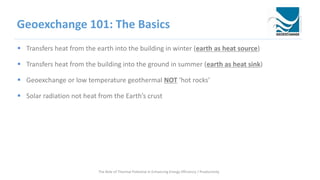 Geoexchange 101: The Basics
 Transfers heat from the earth into the building in winter (earth as heat source)
 Transfers heat from the building into the ground in summer (earth as heat sink)
 Geoexchange or low temperature geothermal NOT ‘hot rocks’
 Solar radiation not heat from the Earth’s crust
The Role of Thermal Potential in Enhancing Energy Efficiency / Productivity
 