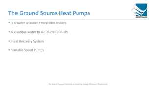 The Ground Source Heat Pumps
 2 x water to water / reversible chillers
 6 x various water to air (ducted) GSHPs
 Heat Recovery System
 Variable Speed Pumps
The Role of Thermal Potential in Enhancing Energy Efficiency / Productivity
 