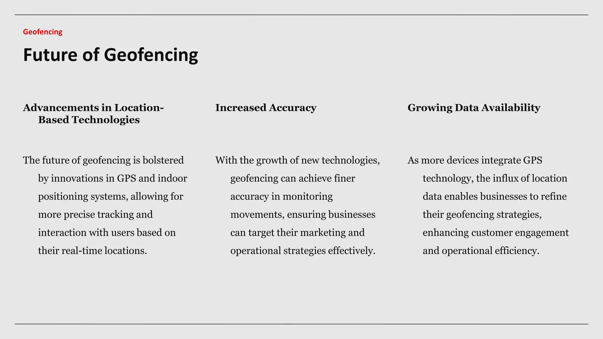 Advancements in Location-
Based Technologies
Increased Accuracy Growing Data Availability
The future of geofencing is bolstered
by innovations in GPS and indoor
positioning systems, allowing for
more precise tracking and
interaction with users based on
their real-time locations.
With the growth of new technologies,
geofencing can achieve finer
accuracy in monitoring
movements, ensuring businesses
can target their marketing and
operational strategies effectively.
As more devices integrate GPS
technology, the influx of location
data enables businesses to refine
their geofencing strategies,
enhancing customer engagement
and operational efficiency.
Future of Geofencing
Geofencing
 