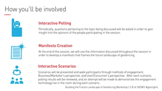 How you’ll be involved
Interactive Polling
Periodically, questions pertaining to the topic being discussed will be asked in order to gain
insight into the opinions of the people participating in the session.

Manifesto Creation
At the end of the session, we will use the information discussed throughout the session in
order to develop a manifesto that frames the future landscape of geofencing.

Interactive Scenarios
Scenarios will be presented and walk participants through methods of engagement,
Business/Marketer’s perspective, and User/Consumer’s perspective. After each scenario,
polling results will be reviewed, and an attempt will be made to demonstrate the engagement
technology live in the room during each scenario.
Building the Future Landscape of Geofencing Workshop | 3.8.14 SXSW | #georights

 