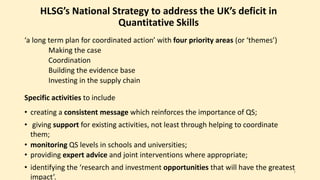 HLSG’s National Strategy to address the UK’s deficit in 
Quantitative Skills 
‘a long term plan for coordinated action’ with four priority areas (or ‘themes’) 
Making the case 
Coordination 
Building the evidence base 
Investing in the supply chain 
Specific activities to include 
• creating a consistent message which reinforces the importance of QS; 
• giving support for existing activities, not least through helping to coordinate 
them; 
• monitoring QS levels in schools and universities; 
• providing expert advice and joint interventions where appropriate; 
• identifying the ‘research and investment opportunities that will have the greatest 
impact’. 
3 
 