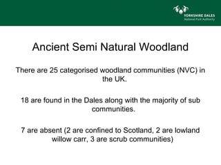 Ancient Semi Natural Woodland

There are 25 categorised woodland communities (NVC) in
                         the UK.

 18 are found in the Dales along with the majority of sub
                       communities.

 7 are absent (2 are confined to Scotland, 2 are lowland
          willow carr, 3 are scrub communities)
 