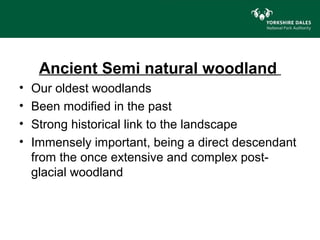 Ancient Semi natural woodland
•   Our oldest woodlands
•   Been modified in the past
•   Strong historical link to the landscape
•   Immensely important, being a direct descendant
    from the once extensive and complex post-
    glacial woodland
 