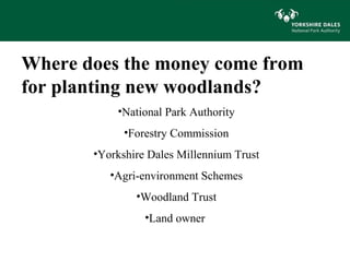 Where does the money come from
for planting new woodlands?
           •National Park Authority
             •Forestry Commission
       •Yorkshire Dales Millennium Trust
          •Agri-environment Schemes
               •Woodland Trust
                 •Land owner
 