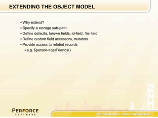 EXTENDING THE OBJECT MODEL

   • Why extend?
   • Specify a storage sub-path
   • Define defaults, known fields, id-field, file-field
   • Define custom field accessors, mutators
   • Provide access to related records
      • e.g. $person->getFriends()
 