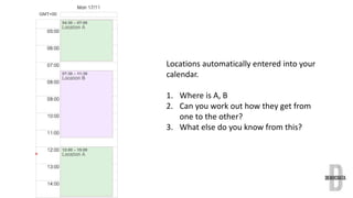 Locations automatically entered into your 
calendar. 
1. Where is A, B 
2. Can you work out how they get from 
one to the ...