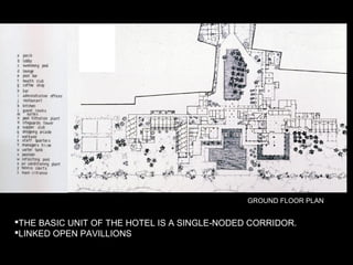 THE BASIC UNIT OF THE HOTEL IS A SINGLE-NODED CORRIDOR.
LINKED OPEN PAVILLIONS
GROUND FLOOR PLAN
 