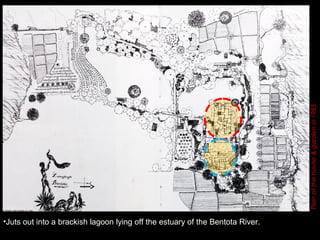 •Juts out into a brackish lagoon lying off the estuary of the Bentota River.
Planofthehouse&gardenin1985
 