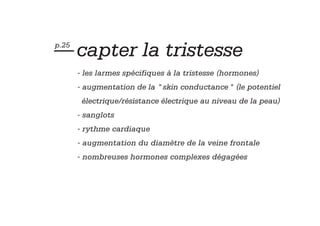 — capter la tristesse
p.25


       - les larmes spécifiques à la tristesse (hormones)
       - augmentation de la " skin conductance " (le potentiel
        électrique/résistance électrique au niveau de la peau)
       - sanglots
       - rythme cardiaque
       - augmentation du diamètre de la veine frontale
       - nombreuses hormones complexes dégagées
 