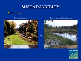 SUSTAINABILITY
   Or this?
      De-channelization                           Run-of-the-river Dam Removal




                                             OR


                          Milone & McBroom                            Princeton Hydro
 
