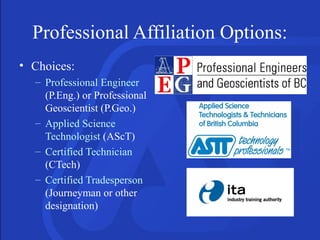 Professional Affiliation Options:
• Choices:
– Professional Engineer
(P.Eng.) or Professional
Geoscientist (P.Geo.)
– Applied Science
Technologist (AScT)
– Certified Technician
(CTech)
– Certified Tradesperson
(Journeyman or other
designation)
 