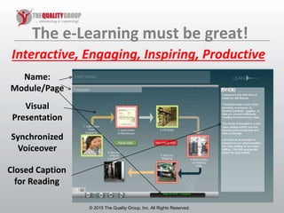 © 2011, The Quality Group, Inc. All rights reserved.
The e-Learning must be great!
© 2015 The Quality Group, Inc. All Rights Reserved.
Interactive, Engaging, Inspiring, Productive
Visual
Presentation
Synchronized
Voiceover
Closed Caption
for Reading
Name:
Module/Page
 