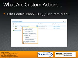 What Are Custom Actions…Custom Action GroupTwitter: @gvaroEmail: gvarosky@grace-hunt.comBlog: www.geoffvarosky.comCompany: www.grace-hunt.com