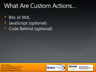 The Ribbonhttp://go.gvaro.net/ap68oXControlsButtonCheckboxColor PickerCombo BoxDrop DownFlyout AnchorInsert TableLabelMenuMenu SectionMRU Split ButtonMost Recently UsedSpinnerSplit ButtonText BoxToggle ButtonTwitter: @gvaroEmail: gvarosky@grace-hunt.comBlog: www.geoffvarosky.comCompany: www.grace-hunt.com