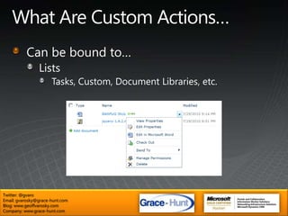 What Are Custom Actions…Bits of XMLJavaScript (optional)Code Behind (optional)Twitter: @gvaroEmail: gvarosky@grace-hunt.comBlog: www.geoffvarosky.comCompany: www.grace-hunt.com
