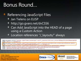 DEMOS!Building Custom Actions in SharePoint Designer 2010Importing Custom Actions into Visual Studio 2010Listing All Custom ActionsUsing CKS:DEVCustom Action GroupsHiding Custom ActionsMaybe more?Twitter: @gvaroEmail: gvarosky@grace-hunt.comBlog: www.geoffvarosky.comCompany: www.grace-hunt.com